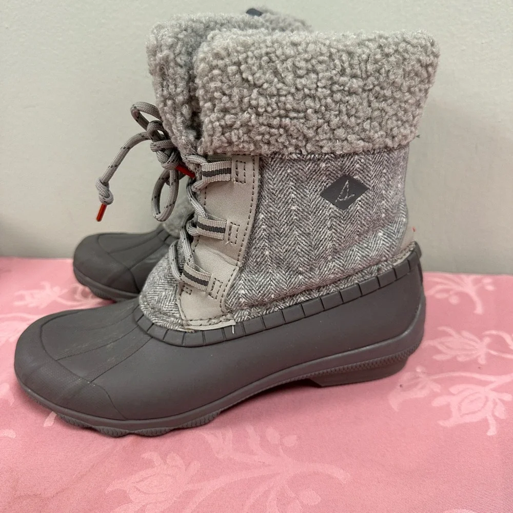 Sperry Saltwater Grey Herringbone Wool Faux Fur Duck Boots STS87696 Womens 7‎